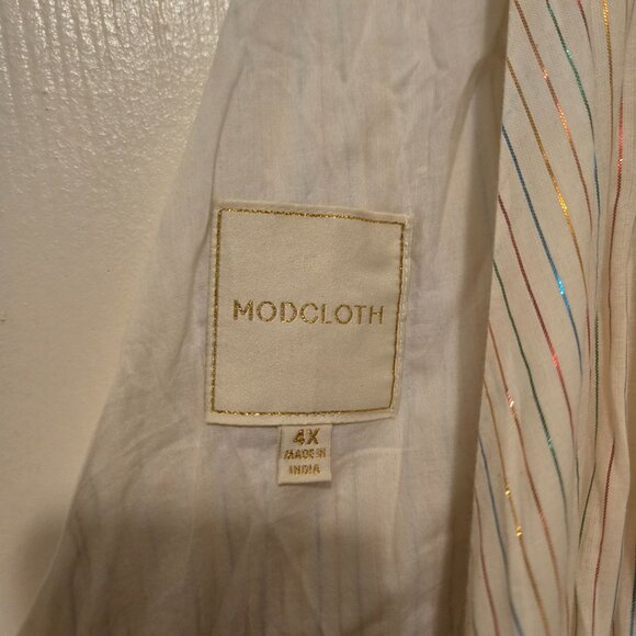Modcloth - Joyful Individual Metallic Midi Dress Stripe Belted White - Picture 2 of 5
